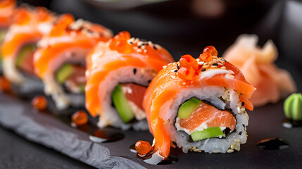 Salmon Sushi Rolls with Avocado and Spicy Mayo Japanese Cuisine Deluxe