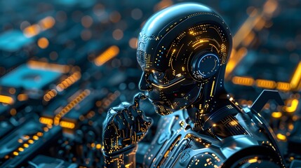 Thoughtful Artificial Intelligence Robot Concept in a Technological Background
