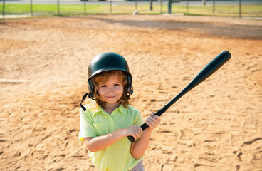 Boy kid posing with a baseball bat. Portrait of child playing baseball.