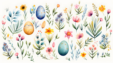 Fototapeta na wymiar Springtime Watercolor Easter Eggs and Flowers Pattern