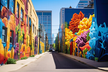 Witness the urban landscape come alive with the vibrant colors and bold strokes of a street art mural. - obrazy, fototapety, plakaty