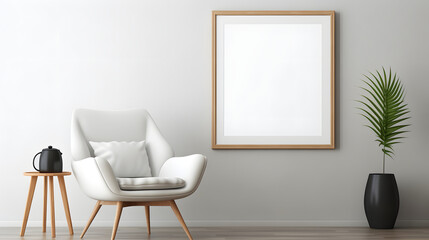 Fototapeta premium Elegant Minimalist Living Room with Blank Poster Frame and Indoor Plant