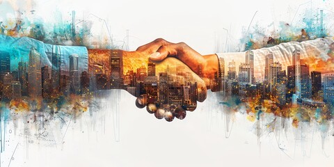 Businessmen handshake on white background with cityscape silhouette, in the style of digital network connection and global business concept.