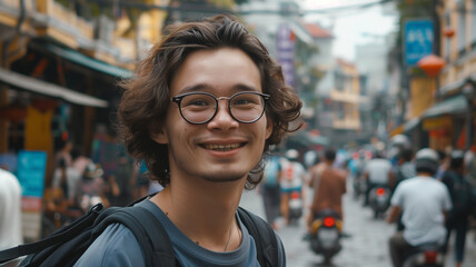 Beautiful Gen-z Asian male tourist with long hair and glasses smiling on a busy street in Hanoi, Vietnam