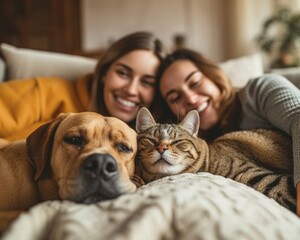 Two women are laying on a bed, one holding a dog while the other cuddles a cat. The room is cozy...