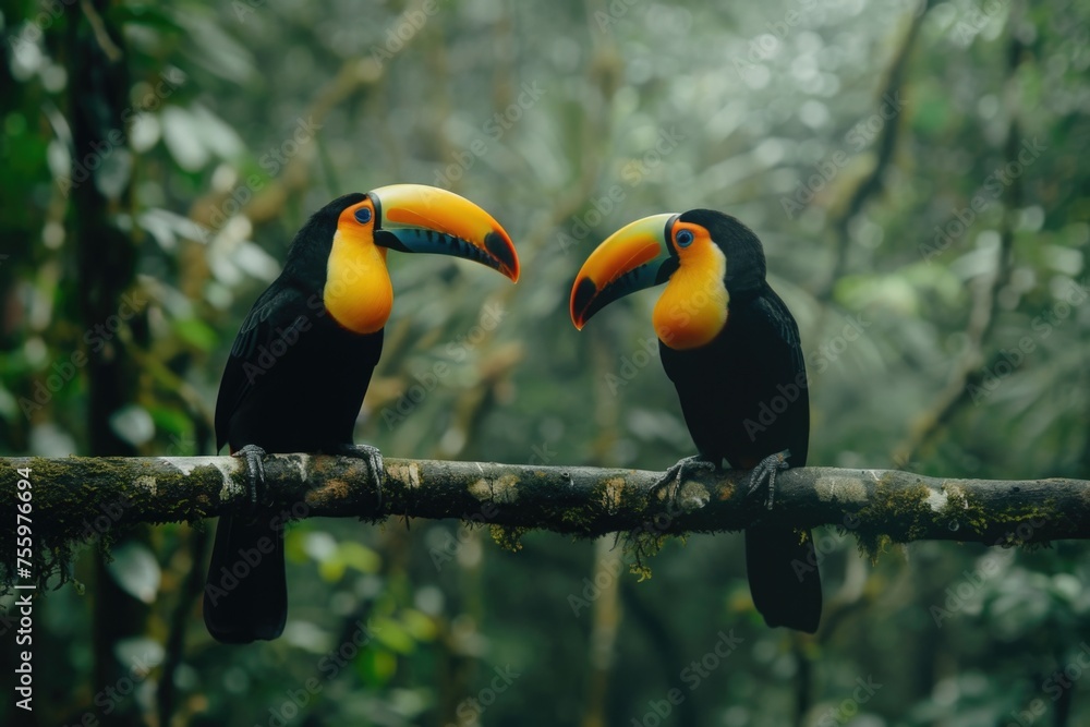 Poster two colorful toucans perched on a branch in a lush forest. ideal for nature and wildlife themed desi