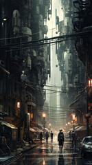 Rainy Cyberpunk Cityscape with Pedestrians

