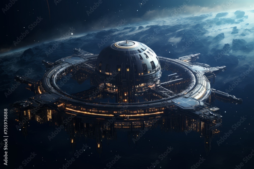 Poster a space station orbiting a distant planet