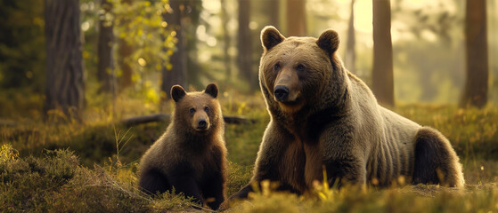 Urso pardo e seu filhote na natureza - Papel de parede