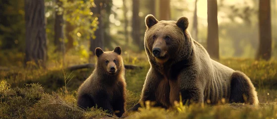 Fotobehang Urso pardo e seu filhote na natureza - Papel de parede © Vitor