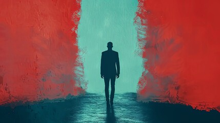 Silhouette of one man dressed in a suit and walking away. Politician, businessman or entrepreneur going somewhere. Digital art in an artistic style. Illustration for cover, card, interior design, etc.