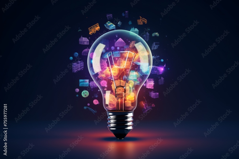 Poster an abstract image of a light bulb with energy-saving icons