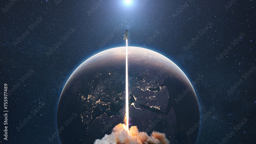 Poster space shuttle rocket takes off with blast and smoke in space with planet earth and sun. start of spa