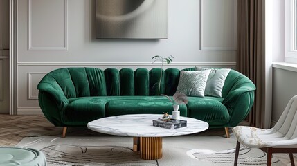 Dive into luxury with a plush green velvet sofa and chic marble table!