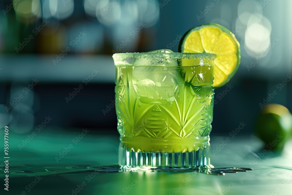 Poster A refreshing drink with a lime slice on the rim, perfect for summer menus.