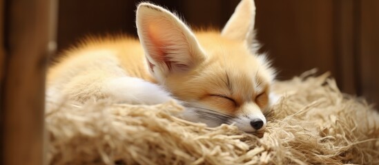 Fototapeta premium The carnivorous terrestrial animal, a fox, with whiskers and sharp ears, is peacefully sleeping on a pile of straw, resembling a fawn or a companion dog breed