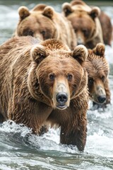 Fototapeta premium Brown bears walking through a body of water. Suitable for wildlife and nature themes.