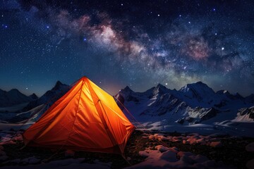 A tent pitched up in the snow under the night sky. Perfect for outdoor adventure concepts. - obrazy, fototapety, plakaty
