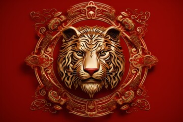Detailed tiger zodiac emblem on a red background