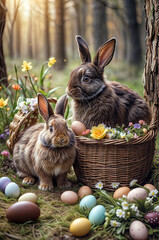Two brown Easter bunnies sitting next to a basket filled with flowers and eggs in the forest. Easter Scene
