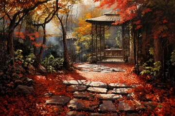 Leaves falling gently in a quiet garden