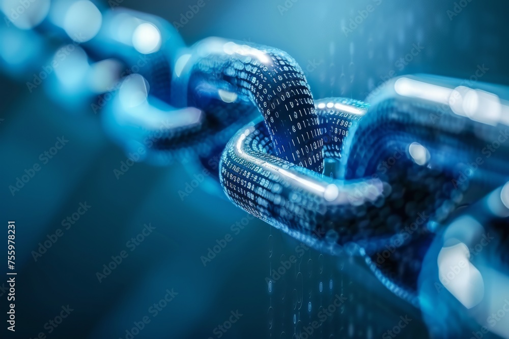 Poster digital chain composed of binary code and numbers representing blockchain technology generative ai