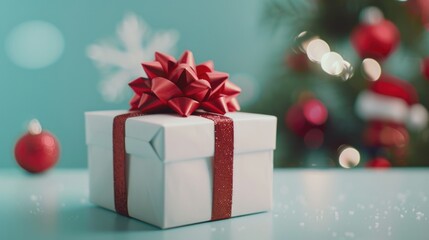 A white gift box with a red bow on top. Perfect for holiday or special occasion concepts.