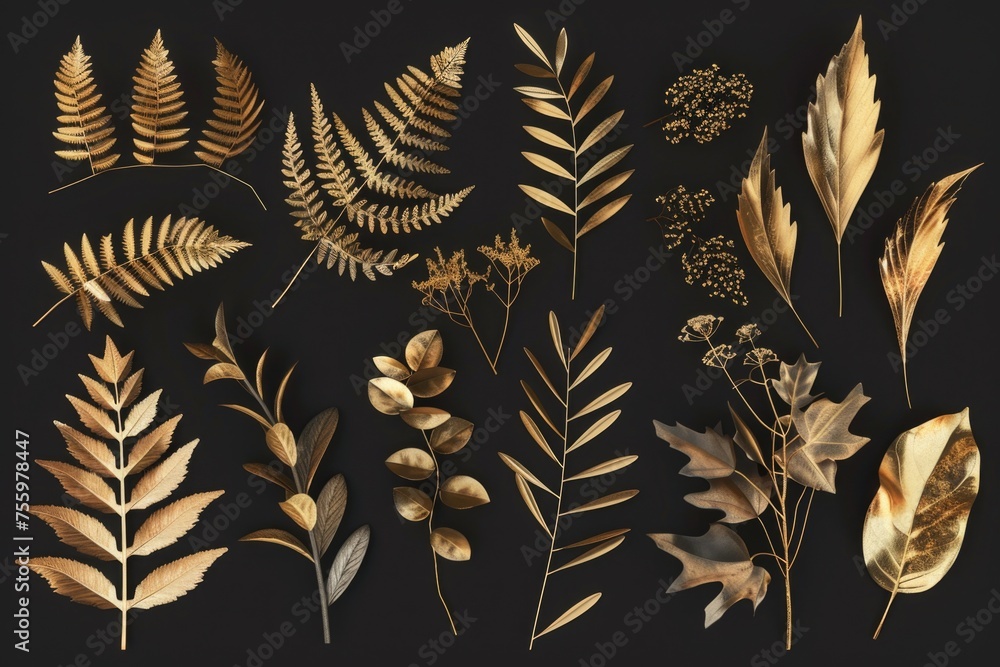 Poster A collection of different types of leaves on a black background. Ideal for botanical projects.