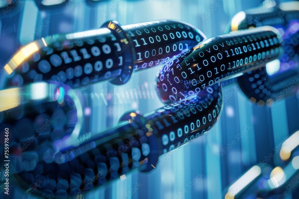 Poster the binary code represents the style of blockchain technology and data generative ai