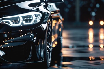 Close up of car headlights on wet street, perfect for automotive and transportation concepts.