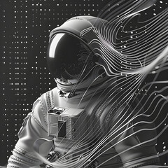 Astronaut in futuristic space. 3d illustration. Black and white