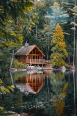Obraz premium A peaceful cabin on a serene lake, perfect for nature lovers.