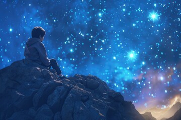 Fototapeta na wymiar A boy sitting on a rock, gazing at the stars. Suitable for educational materials or inspirational content.