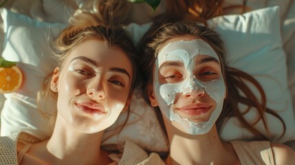Two women relaxing with facial masks on bed. Great for beauty and relaxation concepts.