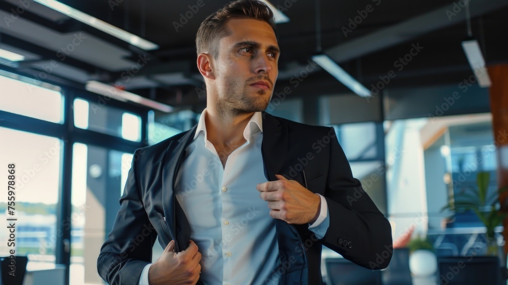 Poster a man in a suit adjusting his tie. suitable for business concepts.