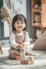 Fototapeta na wymiar Smiling Toddler Girl Playing With Building Blocks on a Cozy Indoor Rug