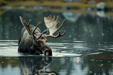 Majestic moose with impressive antlers wading in water, suitable for wildlife and nature concepts.