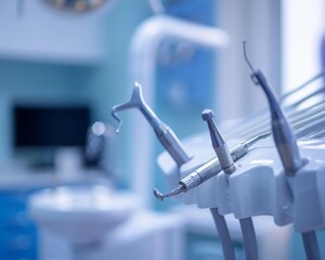 Close up view of various dental instruments laid out neatly on a table in a clinical room. - Powered by Adobe