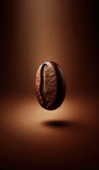 An image of a single, rich brown coffee bean floating against a gradient brown background