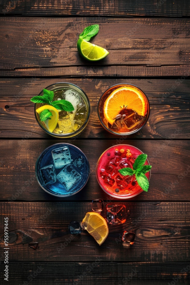 Aufkleber Different types of drinks displayed on a table, suitable for beverage concepts.