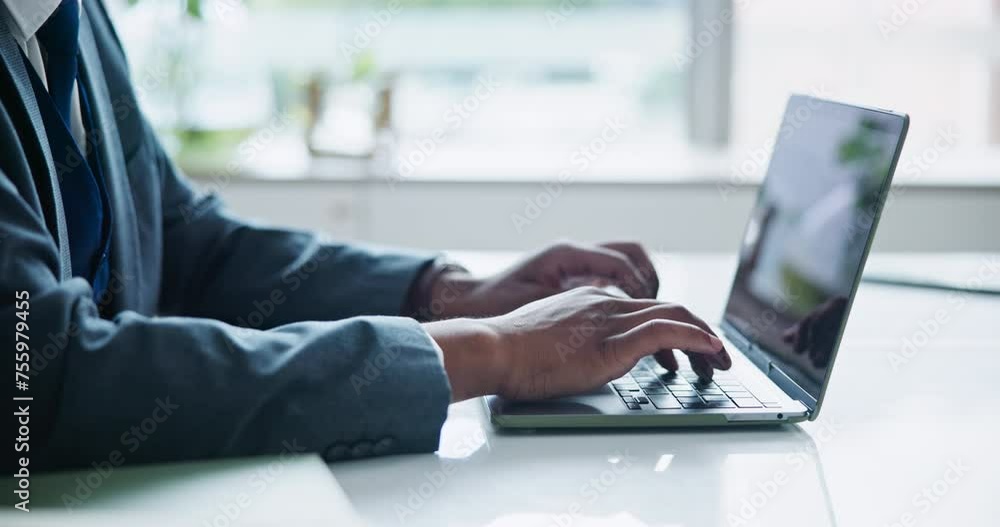 Poster businessman, hands and typing on laptop with email for schedule planning and project report at desk.