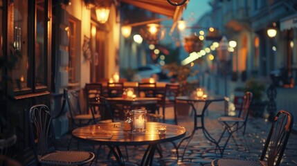 Fototapeta na wymiar A picture of a table and chairs set up outside a restaurant at night. Suitable for restaurant and outdoor dining concepts.
