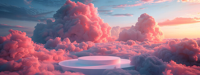 3D pink podium with a dreamy sky background, providing a minimal and abstract scene for showcasing products or creating a beauty-themed display. Elegance stage with pastel tones and cloud elements. - obrazy, fototapety, plakaty