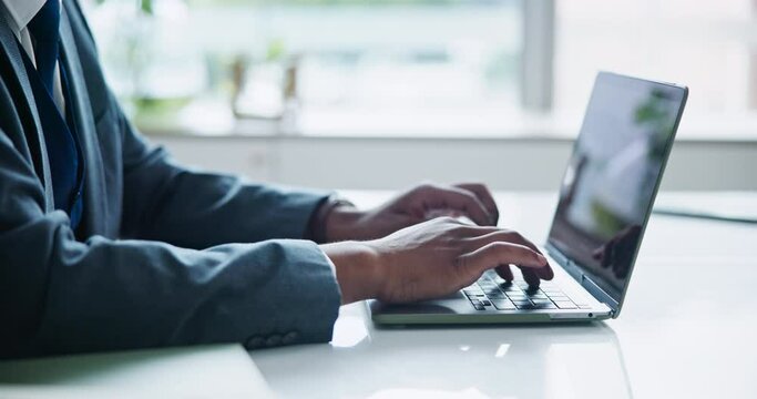 Businessman, hands and typing on laptop with email for schedule planning and project report at desk. Entrepreneur, employee and technology for writing information, digital minutes and proposal review