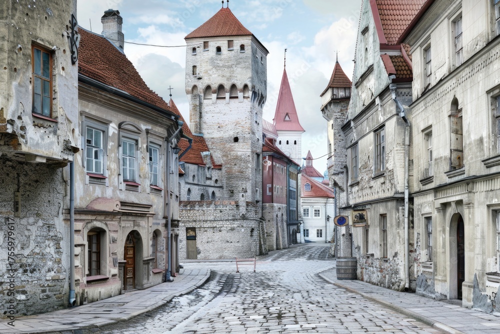 Poster Historic cobblestone street with a clock tower in the background. Ideal for travel websites and city guides.