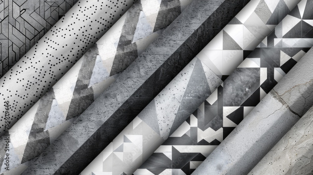 Poster a collection of different patterns on a wall, suitable for background use.