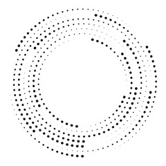 Circle dotted speed lines. Black thick halftone dotted speed lines. Round swirl and curves movement spiral symbol. Loading icon