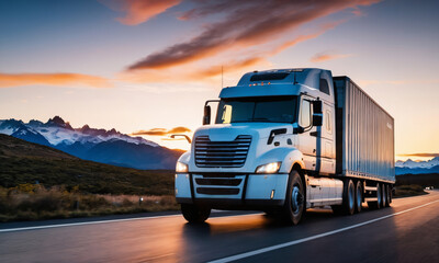 truck driving on Route 40 of Argentine Patagonia at sunset