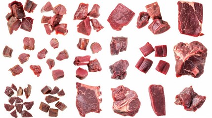 Various cuts of meat displayed on a clean white background. Suitable for food industry projects.