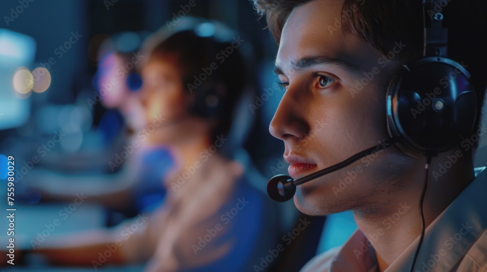 Poster A man wearing a headset sitting in front of a computer. Suitable for tech support or online gaming concepts.
